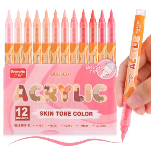 Guangna Acrylic Paint Markers 12 Colors, Skin Tone Series Set with Soft Brush Tip Water Based, Fine Tip Markers for Wood, Canvas, Rock Painting, Glass, Diy Crafts, Fabric Paint - color: Pink Skin