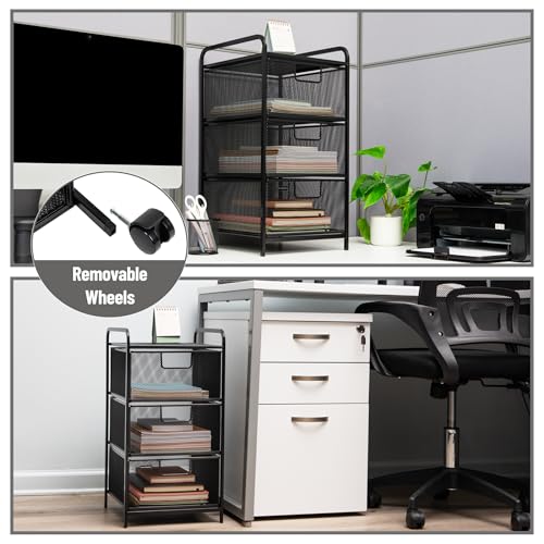Mind Reader Office Storage Organizer with Mesh Drawers and Optional Wheels, Desktop and Under Desk Use, Metal Mesh, Black - style: 3-Drawers