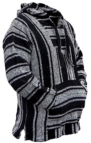 Del Mex Mexican Baja Hoodie Hippie Surf Poncho Sweater Sweatshirt Pullover Jerga - color: Black/White, size: XX-Large