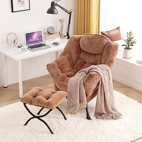 Tiita Modern Large Accent Lounge Chair with Ottoman, Leisure Sofa Armchair with Footrest, Reading Chair for Bedroom, Living Room, Dorm Rooms, Garden and Courtyard - color: Plush-brown
