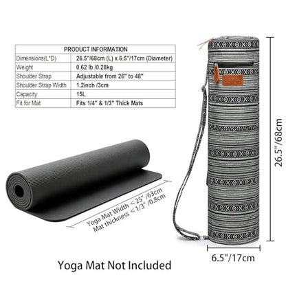 Yoga Mat Bag for Women & Men, Full-Zip Canvas Pilates Bag with Pockets - color: Black and White