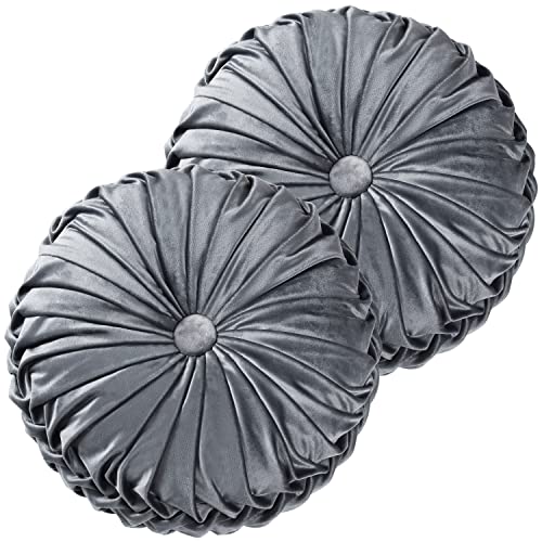 HIG Set of 2 Dark Gray Velvet Decorative Round Pleated Throw Pillows - color: Dark Gray