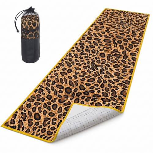 Leopard Yoga Mat Towel with Storage Bag, Non-Slip Towel 72 x 27 In (Yellow) | Lightweight Travel Workout Towel, Soft, Sweat Absorbent, Quick-Drying, Ideal for Hot Yoga, Home Yoga, Pilates, Gym - color: Yellow