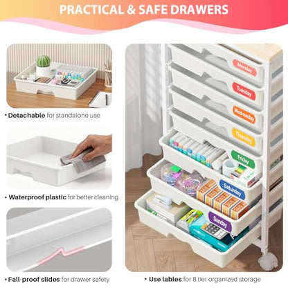Goovilla Rolling Cart with 8 Drawers for Art, Dorm, Office, Craft, White | Utility Cart Organizer With 8 Removable Drawers and Wooden Tabletop, Lockable Rolling Storage Organizer for Classroom, Home - size: White