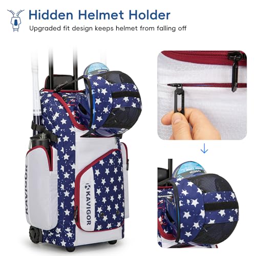 KAVIGOR Rolling Baseball Bag with Wheels, 60L Capacity Softball Bag Holds 4 Bats for Boys and Girls, Youth Equipment Bag with Shoe Compartment - color: Red White & Blue