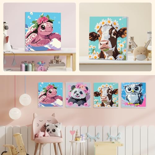 4 Pack Paint by Numbers for Kids with Wooden Framed, Watercolor Turtle, Cute panda, Owl, Cow, Paint by Number Kits on Canvas for Beginner, Acrylic Oil Painting Kits for Home Decor 8x8 inch, Animals - color: pink-animal002