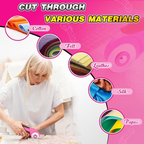 DIYSELF 45mm Fabric Cutter, Rotary Cutter for Fabric with 5 Extra Blades | Ergonomic Handle, Rolling Cutter for Fabric and Leather, Wheel Cutter Sewing Tool for Quilting, Crafts and Ambidextrous Use - color: Pink
