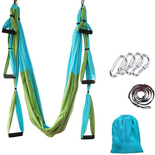 Aerial Yoga Swing Set, Ultra Strong Hammock Trapeze Extension, Antigravity Ceiling Hanging Sling Inversion Exercises - color: Sky blue + green
