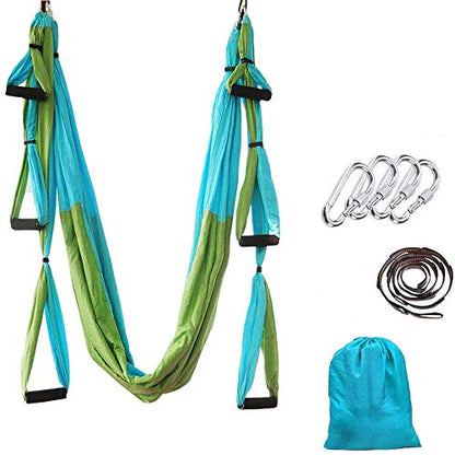 Aerial Yoga Swing Set, Ultra Strong Hammock Trapeze Extension, Antigravity Ceiling Hanging Sling Inversion Exercises - color: Sky blue + green