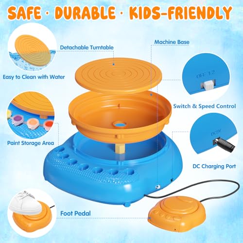 Weilim Pottery Wheel for Kids Beginners, Air-Dry Clay & Paint Kit Ages 6-12 | 3 Clay Packs, 14 Paint Colors, Sculpting Tools, Brushes, Palette,Apron; Gentle Beginner Spin, USB Rechargeable, No Oven - color: Blue