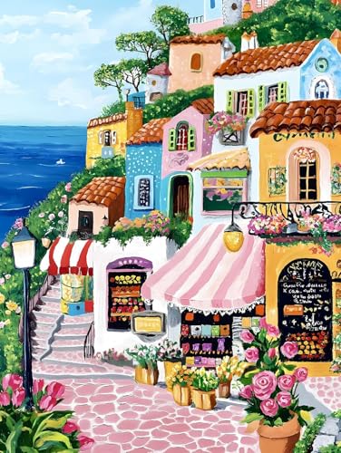 Coastal Village Town Paint by Numbers Kit for Adults Canvas, Frameworkless | Easy Adult Paint by Number Kits on Canvas DIY Coastal Village Town Painting for Beginners Art by Numbers for Home Wall Decor - color: YH03373