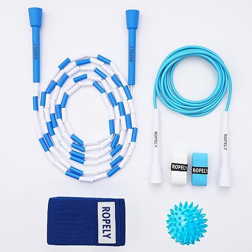 Jump Rope Kit for Beginners – 2-in-1 Segmented & Speed Rope with Resistance Band, Massage Ball & Grip Tape – Adjustable Skipping Rope Set for Women, Men & Kids - color: Blue/White