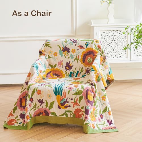 VANJOROY Boho Throw Blanket 50" x 60", 100% Organic Cotton Skin-Friendly Soft Bed Quilt Throw - All Season Floral Rustic Farmhouse Decor Luxury Blanket for Sofa Couch Chair and Gift. - color: Flower-phoenix, size: Throw (50" X 60")