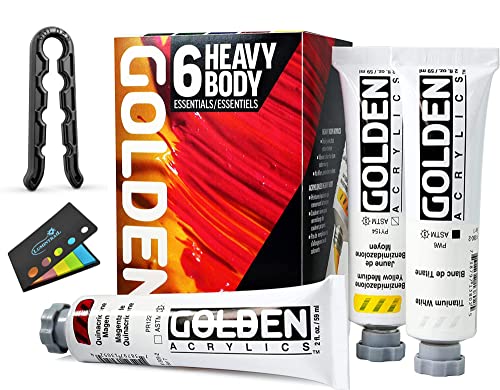 Golden Artist Color Heavy Body Acrylics, 6-Color Essentials Set, Professional Acrylic Paint Set, Set of 6 Tubes, 2 Fl. Oz. Each, with Golden Artist Tube Cap Opener Tool and Sticky Notes