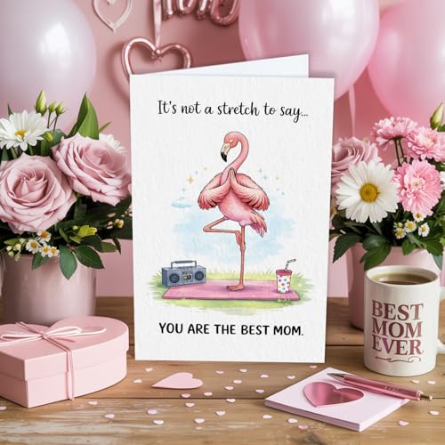 It’s Not a Stretch to Say You Are the Best Mom Card Pink Flamingo Yoga Happy Mothers Day Gift for Mother Mama Her Mom Stepmom Mom Cards Gifts from Daughter Son Mother’s Day Greeting Card 5.3''x8" - color: A94