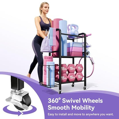 Heavy-Duty Home Gym Storage Rack with Hooks, Wheels, Workout Gear, 3-Tier