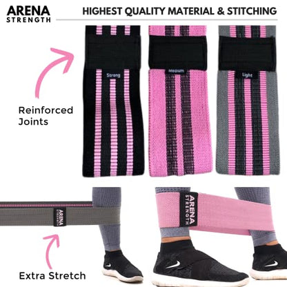 Arena Strength Fabric Booty Bands - Fabric Exercise Bands for Legs and Butt | Fabric Resistance Bands | Hip Resistance Bands with Workout Guide and Carry Case - color: Gray, Pink, Black