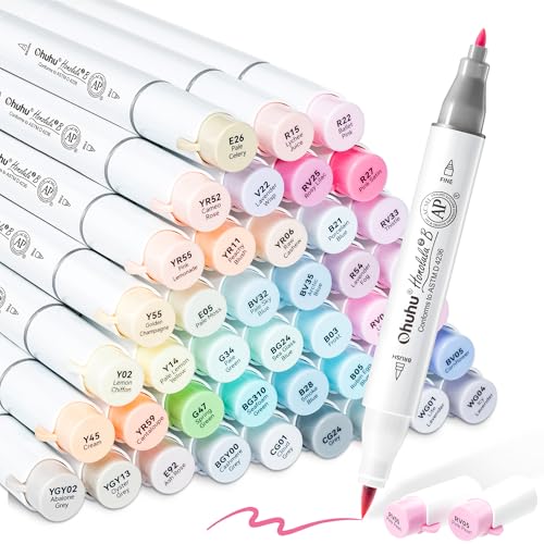 Ohuhu Alcohol Markers Brush& Fine 48 Pastel Colors for Adults Cozy Coloring | AP Certified Refillable Art Marker Sweetness, Dual Tips Alcohol-based for Artists Beginners Drawing Illustration, Honolulu 2B