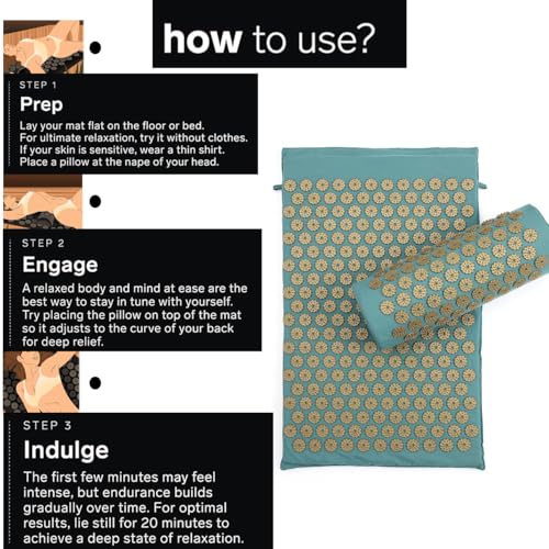 Acupressure Mat and Pillow Set for Back/Neck Pain Relief and Muscle Relaxation (Green/Gold)