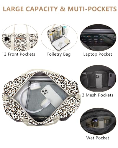 Women Weekender Travel Duffle Bag: Travel Duffel Overnight Bags with Shoe Compartment Large Carry on Tote with Toiletry Bag Weekend Traveling Yoga Gym Hospital Bag for Women with Wet Pocket Leopard - color: 12-Leopard Print, size: Large