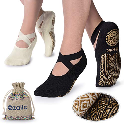 Ozaiic Pilates Socks for Women Non Slip Grip Yoga Barefoot Indoor Workout | Breathable cotton grippy sock, slipper sticky socks, one size fits women for barre, ballet, dance, hospital, home - color: Black/ Beige -2p（1st Anniversary Edition）