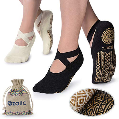 Ozaiic Pilates Socks for Women Non Slip Grip Yoga Barefoot Indoor Workout - color: Black/ Beige -2p（1st Anniversary Edition）
