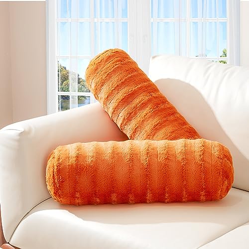 Cheer Collection Faux Fur Bolster Pillows – Soft Decorative Cylinder Pillows for Bed or Couch, Machine Washable – 8” x 24”, Set of 2, Rust - color: Rust