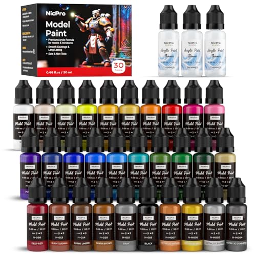 Nicpro 30 Colors Model Paint Set, 20ml Ready to Use Modeling Acrylic Paints | Brush & Airbrush Compatible, Miniature Paint Set for Beginner & Professional on Model, Scale Figure, Crafts, with 3 Thinner - style: 30 Colors Set