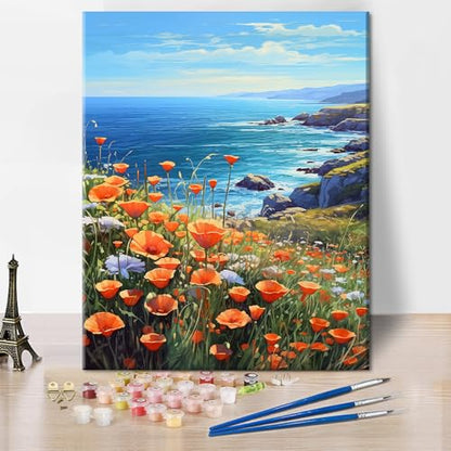 TUMOVO Sea Landscape Paint by Numbers Adult Canvas Kit Poppies Ocean | flowers sea view art on 16x20 inch unframed canvas with paints and brushes, proudly display your creation as wall decor. - color: Landscape