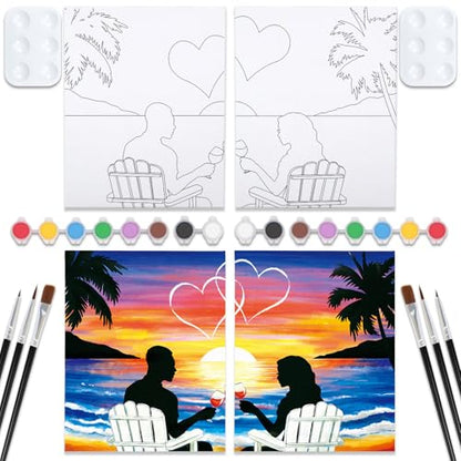 VOCHIC Sip and Paint Kit,Pre Drawn Canvas Couples Paint Party Kit Painting Art Set for Adults Date Night Sunset Beach Lovers 2 Pack (8 x 10 Inches) - size: 8x10, style: Sunset and Couple