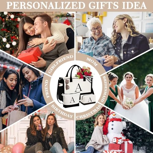 YOOLIFE Gifts for Women - Initial Canvas Tote Bag & Makeup Bag, Birthday Gifts for Women Mom Sister Friends - style: O