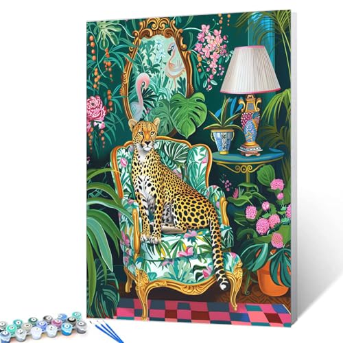Tucocoo Jungle Leopard Laying on Sofa Paint by Numbers Kits for Adult,Animal Botanical Paint by Numbers Kits on Canvas for Perfect for Gift Home Bohemia Wall Decor 16x20 Inch (DIY Framed) - color: Artwork-01, size: 16x20 Inches(DIY Frame)