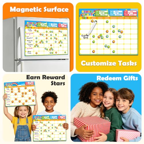 Magnetic Reward Chart for Kids, Customizable Dry Erase Weekly Chore Chart - size: 3 Kids-Stars