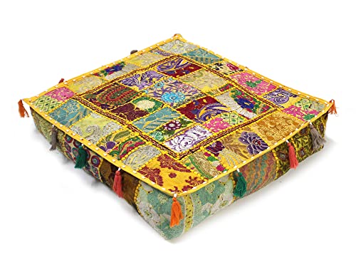Mam Treasures Indian Bohemian Decorative Pillow Vintage Cushion Cover Patchwork Square Floor Pillow Cover Meditation Cushion Large Floor Pillow Indian Cushion (Yellow, 16 X 16 X 5 Inch) - color: Yellow, size: 16" x 16" (Pack of 1)