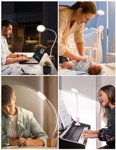 LiFMIRA Desk Lamp Clip on Light 8W 66 LED Reading Light for Bed Pink | 5 Colors 10 Dimming Levels, Eye Caring Metal Reading Lamp, Clip lamp for Bed Headboard Home Office - color: Pink