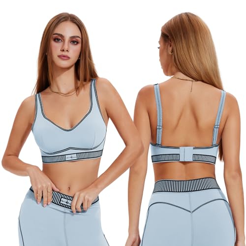 Sports Bra High Impact V Neck for Women, Adjustable Scalloped Straps Color Block U-Back Push Up Yoga Workout Gym Bra - color: Blue, size: Small