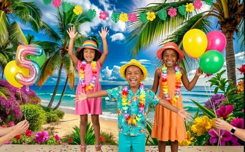 8x6ft Summer sea Backdrop Tropical Beach Plants Photo Backdrop Hawaiian Ocean Blue Sky Background for Theme Party Supplies Studio Props - size: 8x6ft