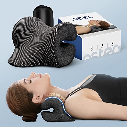Osteo Neck Stretcher with Magnetic Therapy Cover, 2 Modes[Gentle/Strong] Pain Relief Cervical Traction Device, No Smell Neck and Shoulder Relaxer, Chiropractic Pillow for TMJ Headache Spine Alignment - color: Black