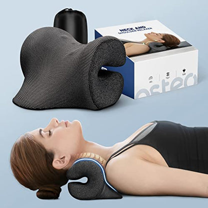 Osteo Neck Stretcher with Magnetic Therapy Cover, 2 Modes[Gentle/Strong] Pain Relief Cervical Traction Device, No Smell Neck and Shoulder Relaxer, Chiropractic Pillow for TMJ Headache Spine Alignment - color: Black