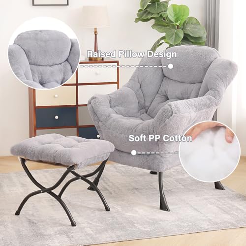 Tiita Lazy Chair with Ottoman, Comfy Reading Accent Chair, Plush Light Grey - color: Plush-light Grey