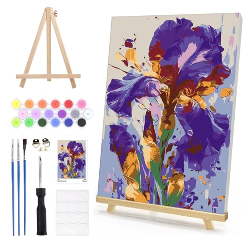NEWENMO Paint by Numbers Kit for Adults Framed with Wooden Easel, Irises in Bloom, Adults' Paint-by-Number Kits on Canvas Beautiful Iris Flower, DIY Oil Painting Kit for Home Wall Decor 8x12 Inch - color: purple-flower