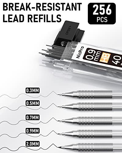 Nicpro Metal Mechanical Pencil Set 5 PCS Art Drafting Pencils For Sketching | 0.3, 0.5, 0.7, 0.9 mm & 2mm Graphite Lead Holder For Drawing With 9 Tubes (4B 2B HB 2H Colors) Lead Refills Erasers Case - color: Silver, style: 0.3 0.5 0.7 2.0