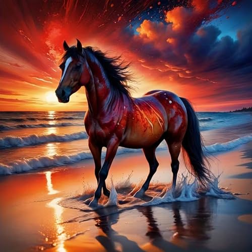 KTHOFCY 5D DIY Animal Horse Diamond Painting Kits for Adults,Beach Flaming Hoof Royal Horse Full Drill Embroidery Stitch Crystal Rhinestone Paintings Arts Wall Decor Painting Dots Kits 11.8X11.8inch