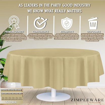 ZIMPLEWARE Premium Beige Plastic Table Cloth Disposable (12 Pack) Round Tablecloth (84in) Party Table Cloths Disposable, Perfect Table Cloth Round Cover for Any Table Up to 6 Feet - color: Beige, size: 12 Pack 84" Round