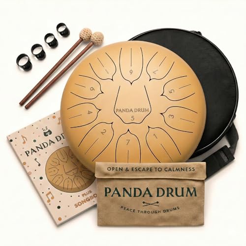 Panda Drum Plus (Sandstone) | Steel Tongue Drum | 11 Inch | Calming Handpan | with Music Book, Mallets, Carrying Bag & Finger Picks | 432 Hz Rain Drum | Calming Musical Instrument for Adults - color: 2-Sandstone