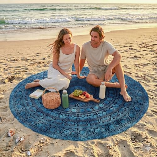 Craft Trade Round Blue Elephant Print Mandala Beach Throw Tapestry 72 Inch – Boho Wall Hanging, Picnic Blanket, Round Table Cover & Hippie Home Décor - color: Blue, size: 72"L x 72"W