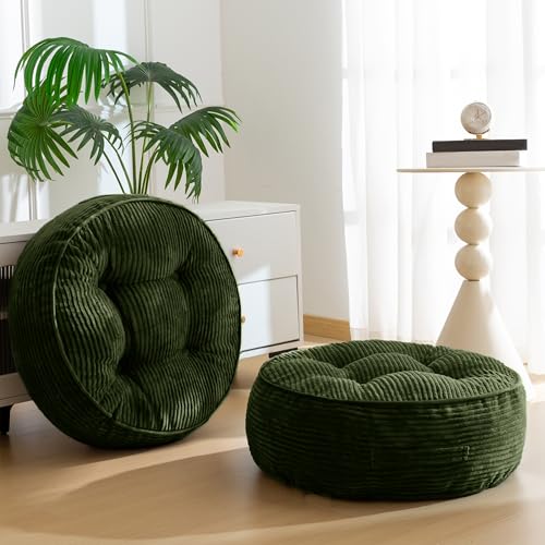 HIGOGOGO 8" Extra Thick Floor Pillow Cushion for Adults, Meditation Cushion Pillow, Large Round Floor Sitting, Tufted Corduroy Cover, for Tatami Living Room or Yoga, 22x22 Inch, 2Pack, Dark Green - color: Round Dark Green, size: 8" Thick(Pack of 2)