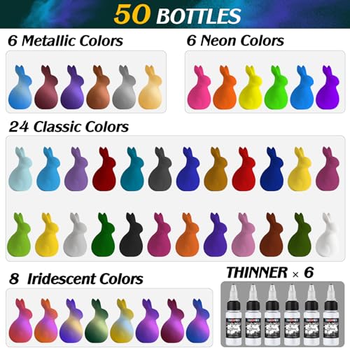 FansArriche Airbrush Paint, 44 Colors with 6 Thinners, 20 ml/Bottle | Acrylic Air Brush Painting Set, Ready to Spray Water-Based Opaque & Neon & Iridescent Airbrush Kit for Beginners, Artists - color: 44 Colors with 6 Thinnners