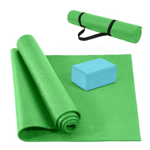 Fitvids All Purpose Thick High Density No Tear Exercise Yoga Mat with Strap & Lightweight Features for Indoor & Outdoor Use - color: Green
