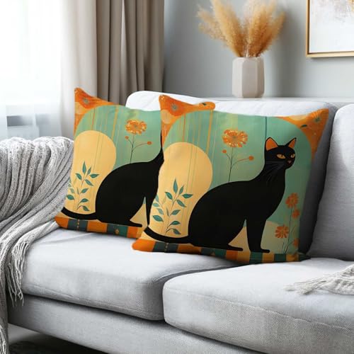 Black Cat Throw Pillow Covers 18x18 Set of 2 | Mid Century Modern Decorative Cushion Covers | Retro Cat Pillowcases for Sofa Couch Bed Living Room Bedroom Home Decor - color: Cat Art